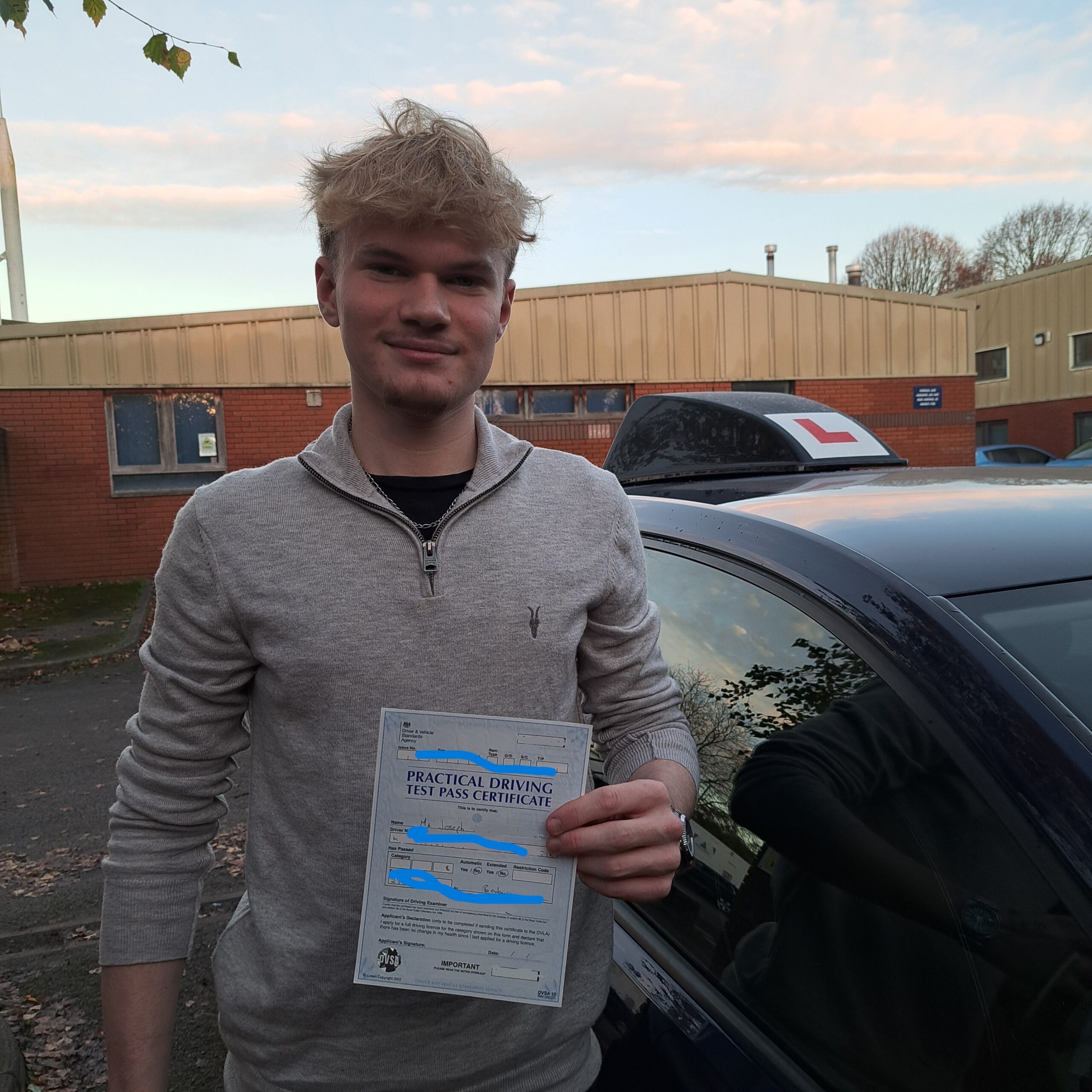 Joseph Ward-Jackson passes his driving test 1st time in Banbury with his driving instructor Mark W-J his Dad