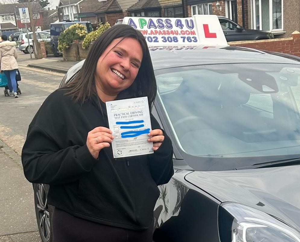 Katherine T driving test pass in Tilbury after completing her driving tuition in Tilbury in one week with A Pass 4 U ADi Pete P